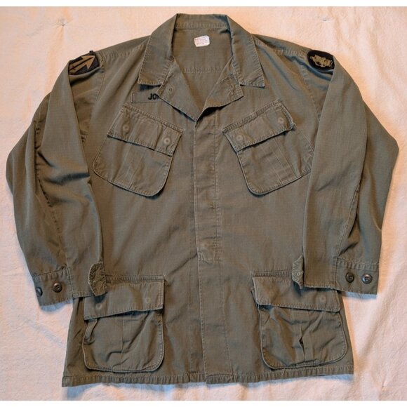 US Military Green Rip Stop Poplin Slant Pocket OG 107 Jacket Vintage 60s Med Reg - Picture 2 of 8